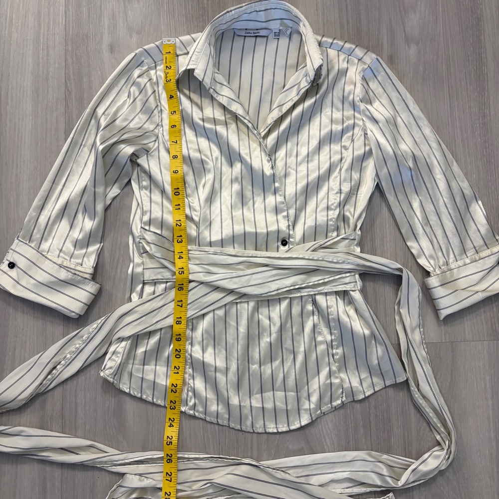 Zara Basic Womens Kimono Cream Pinstripe Satin Wrap Blouse Tie Waist Size M - Picture 5 of 13
